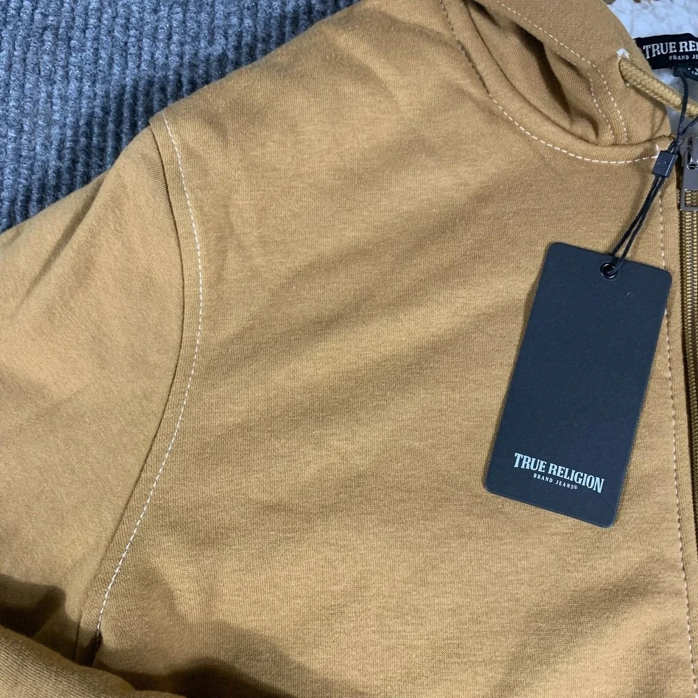 True Religion Hoodie Mens Medium Beige Full Zip‎ Sweatshirt Sherpa Lined Buddha